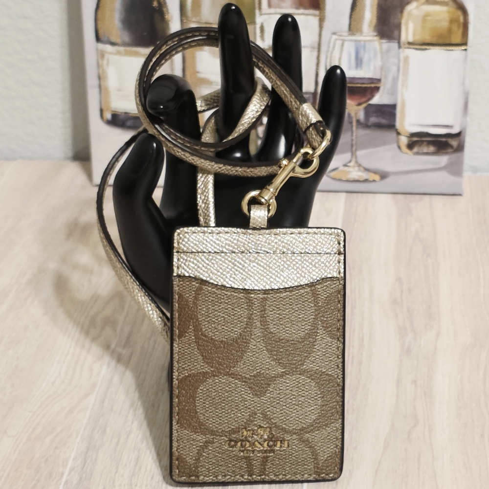 Coach Signature C Tan Metallic Gold Lanyard ID Card Holder Mini Wallet Travel